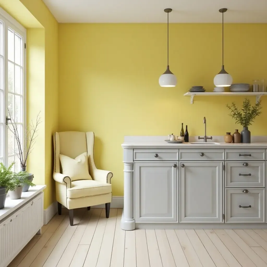 a photo of a sunny lemon yellow and soft gray kitchen with cozy seating