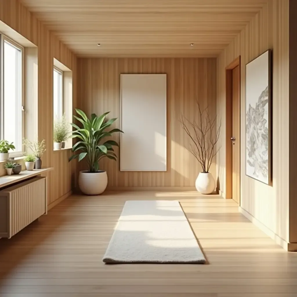 a photo of a serene basement yoga space with light wood and calming decor