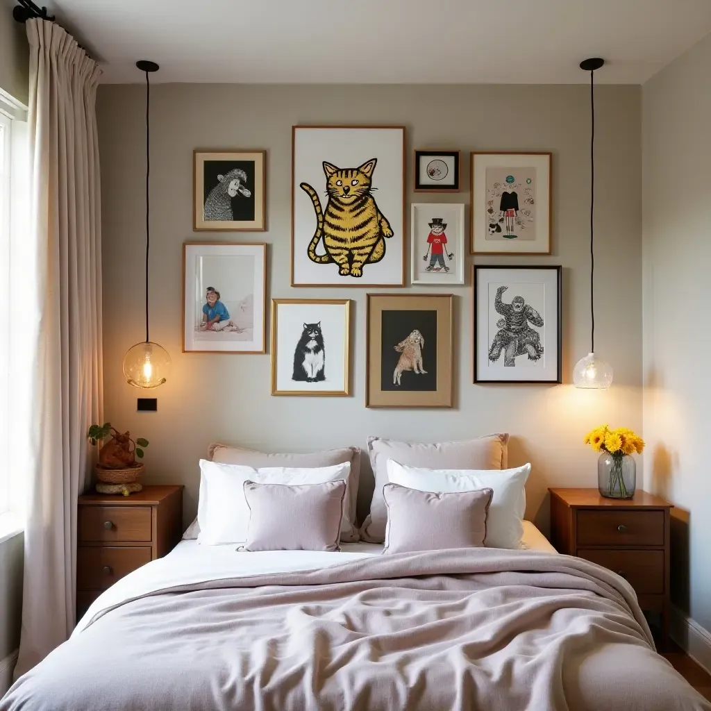 a photo of a playful adult bedroom with a gallery wall of quirky art pieces