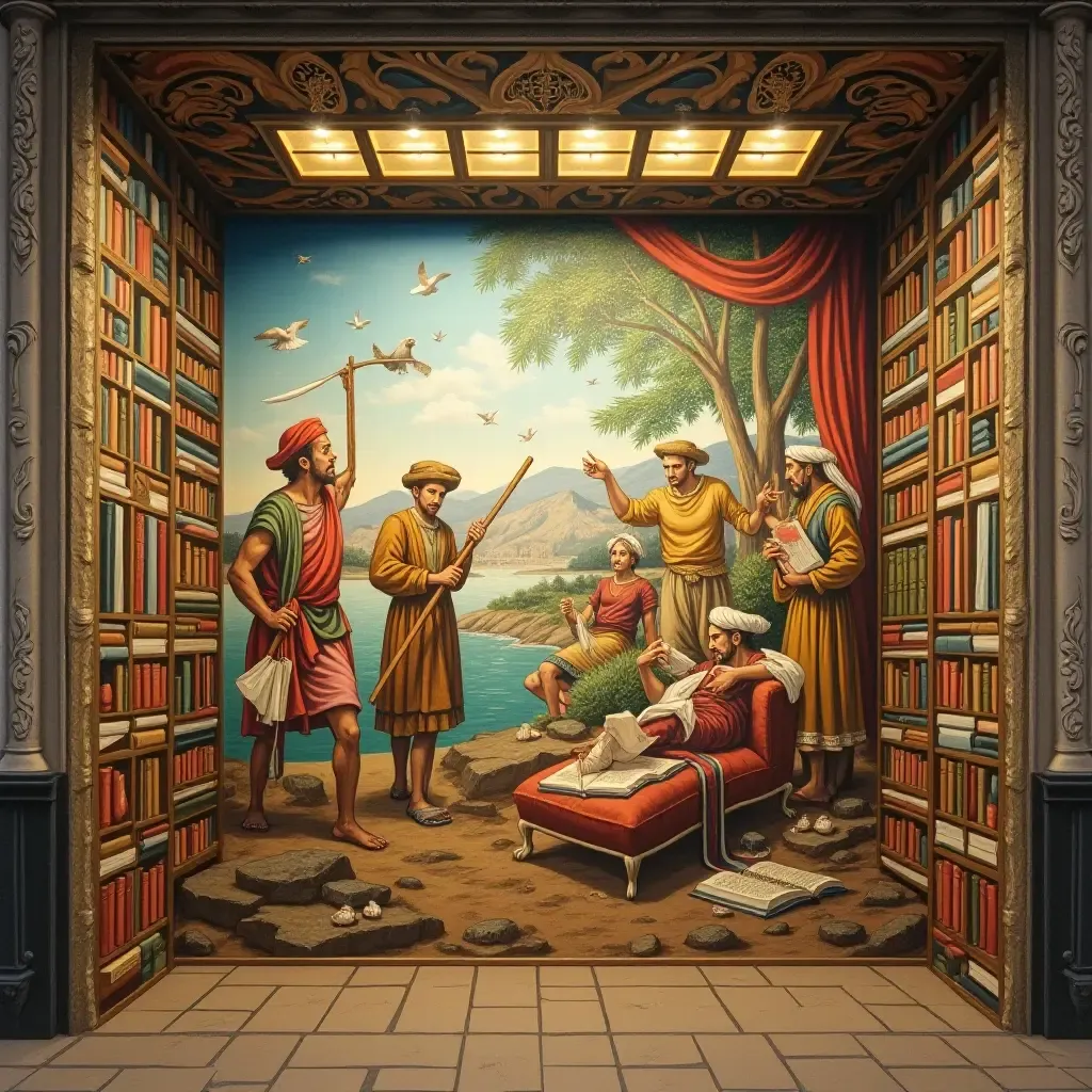 a photo of a mural illustrating the history of literature