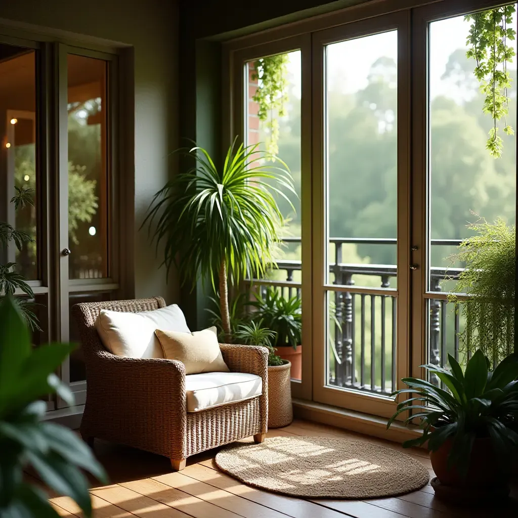 a photo of a balcony with a cozy reading nook surrounded by greenery