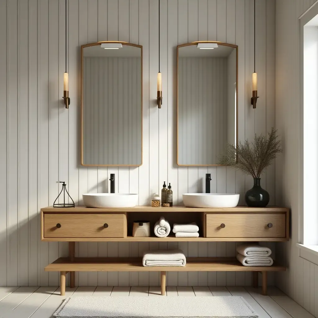 a photo of a stylish bathroom with a wooden countertop and vintage accents