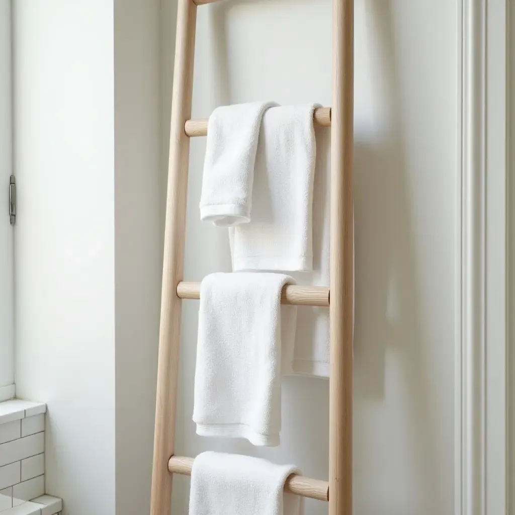 a photo of towels artfully displayed on a bathroom ladder