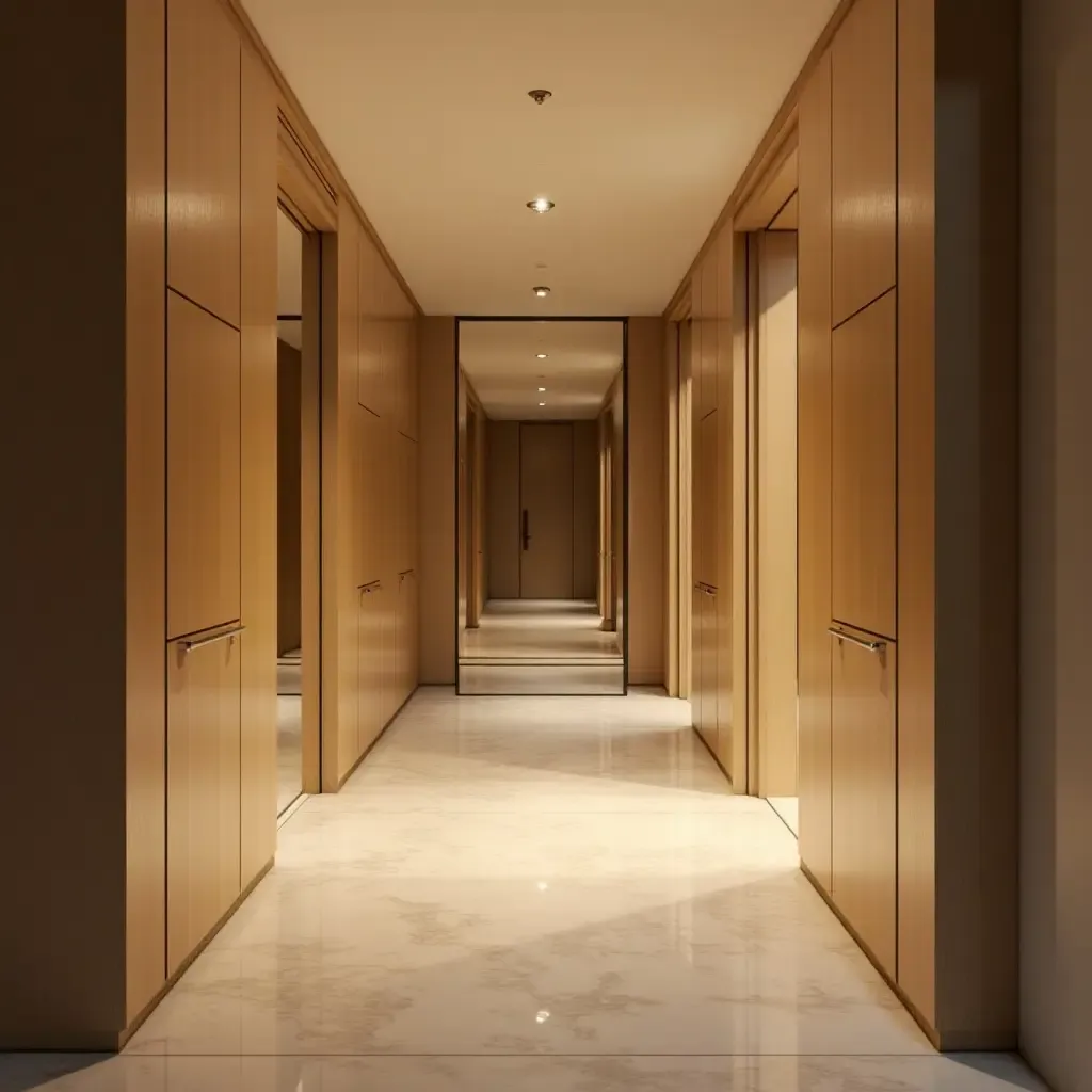 a photo of a corridor with backlit mirrors enhancing space