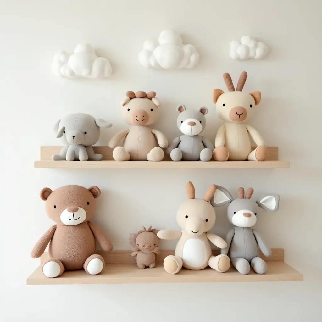 a photo of a nursery shelf featuring a whimsical animal theme with plush characters