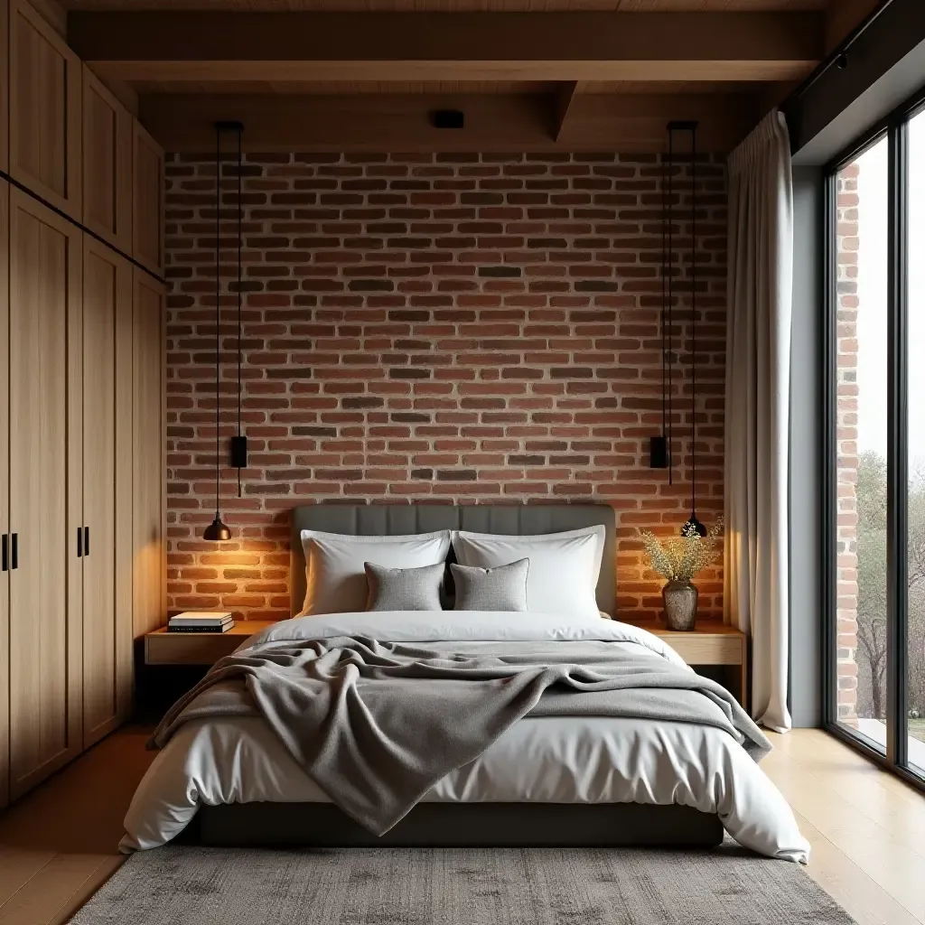 a photo of a bedroom featuring exposed brick and wood elements