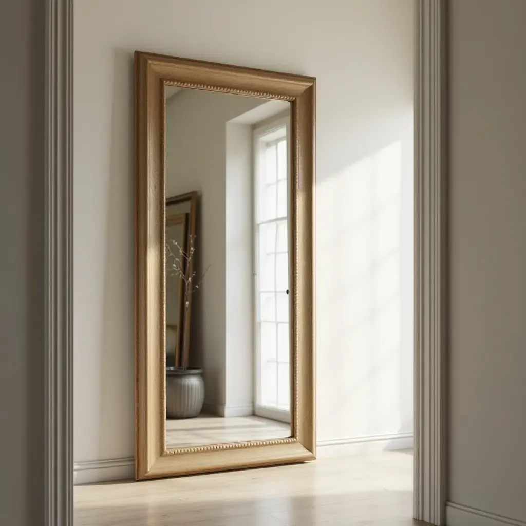 a photo of a decorative mirror reflecting light in a hallway