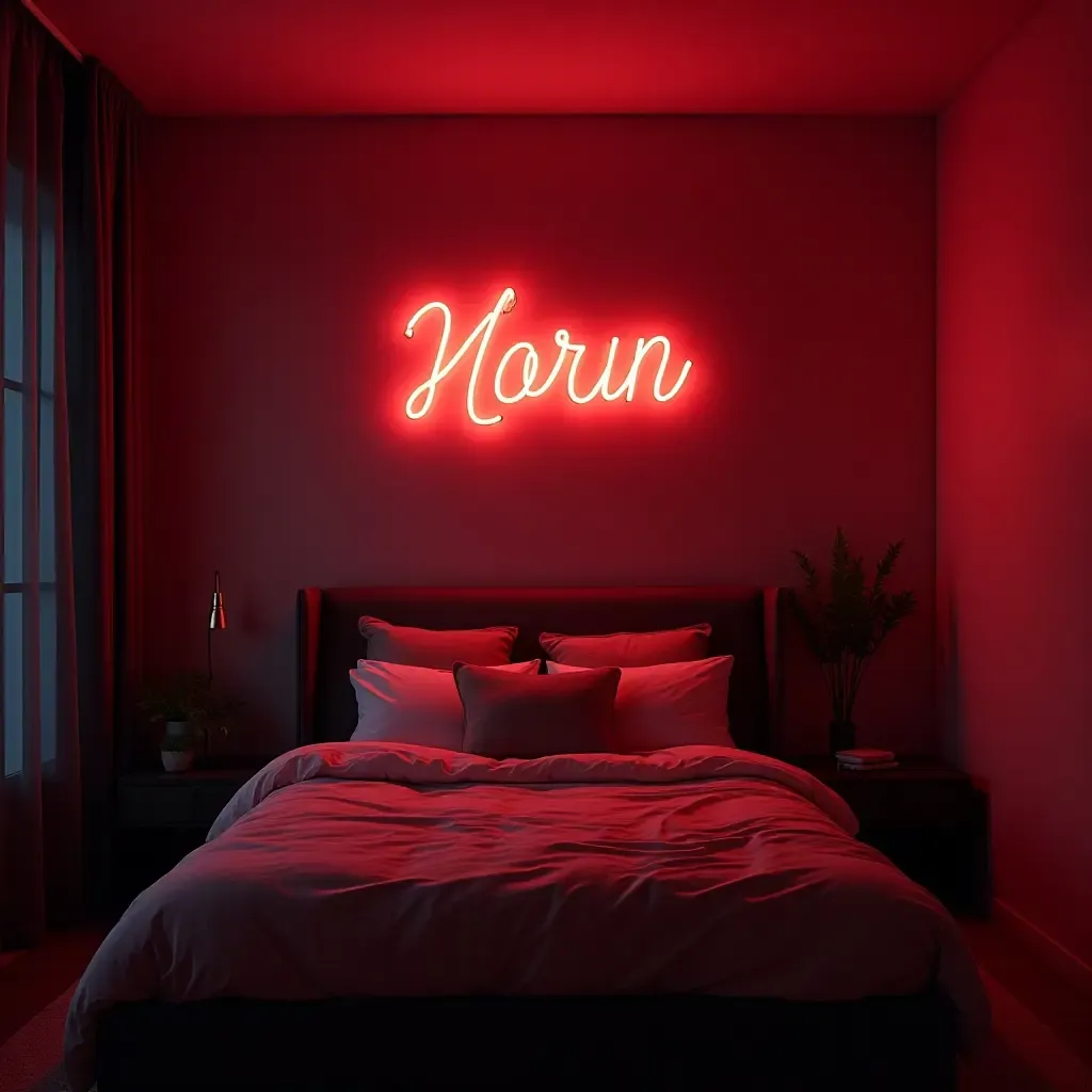 a photo of a neon sign wall behind a bed in an urban-inspired bedroom