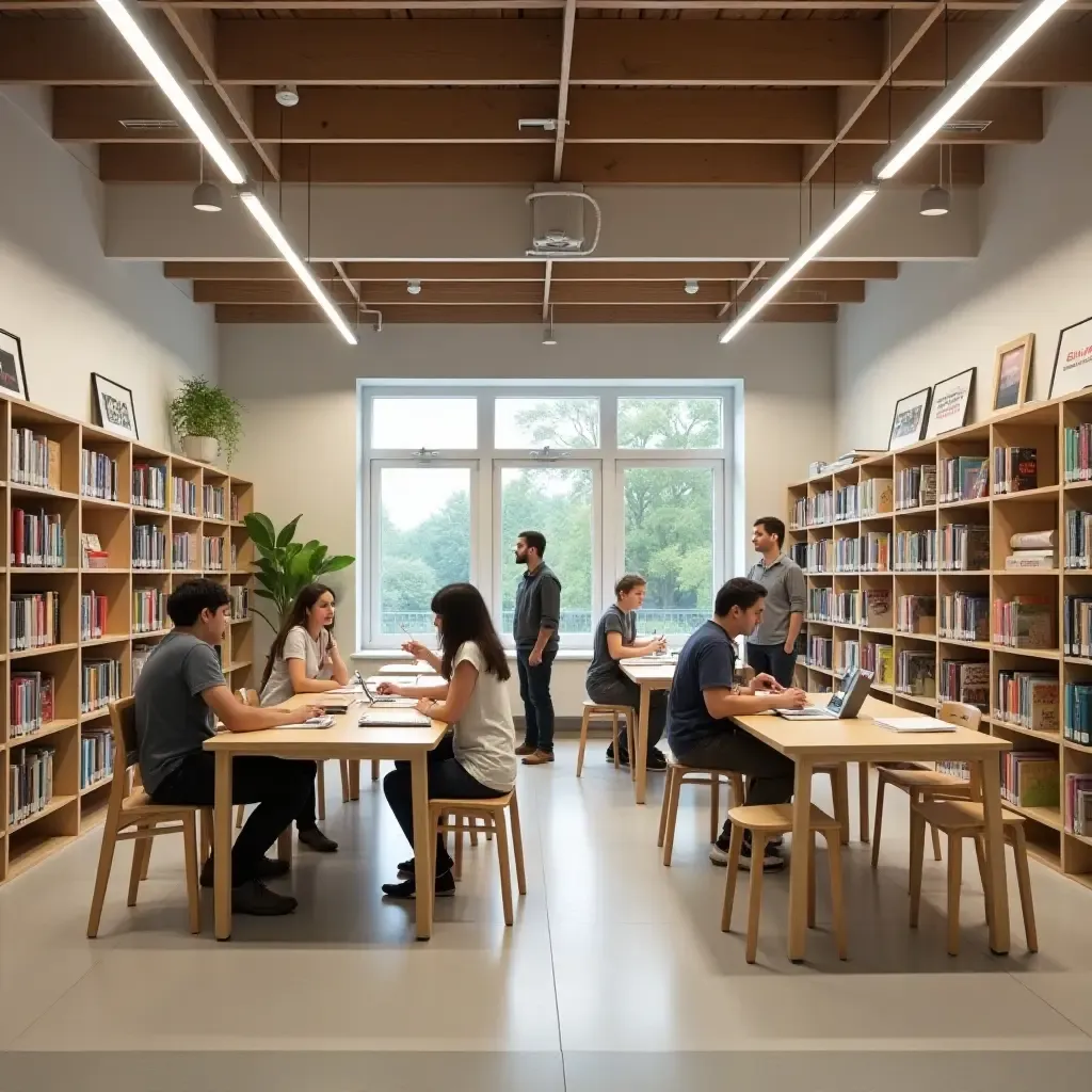 a photo of a library with interactive learning zones and maker spaces