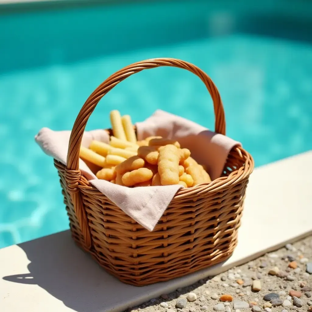 a photo of a vintage picnic basket filled with snacks by the pool