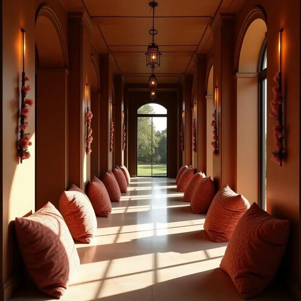 a photo of a luxurious corridor with throw pillows in rich fabrics