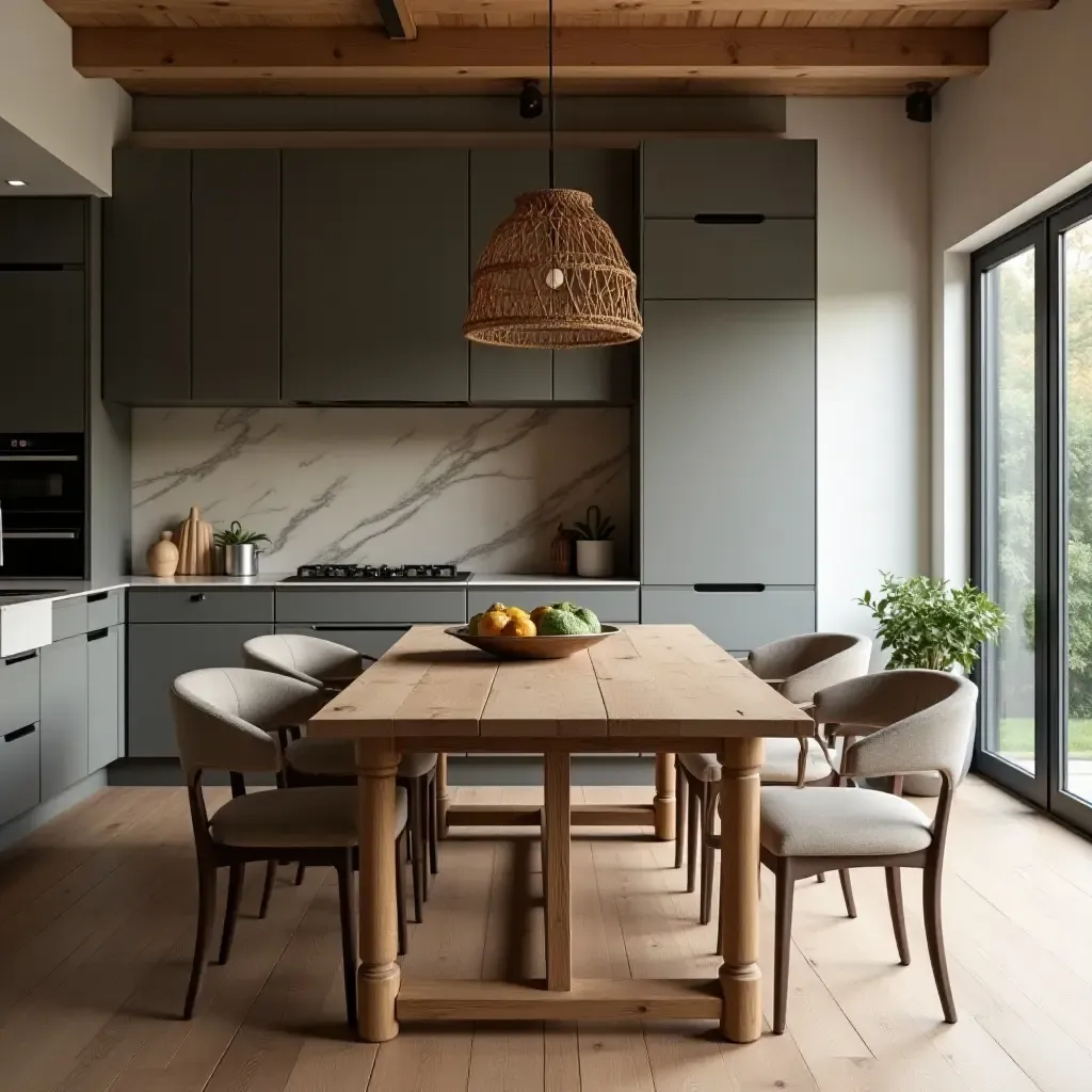 a photo of a kitchen with a rustic wooden dining table