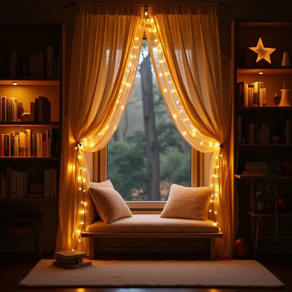 a photo of a reading nook with a canopy and fairy lights