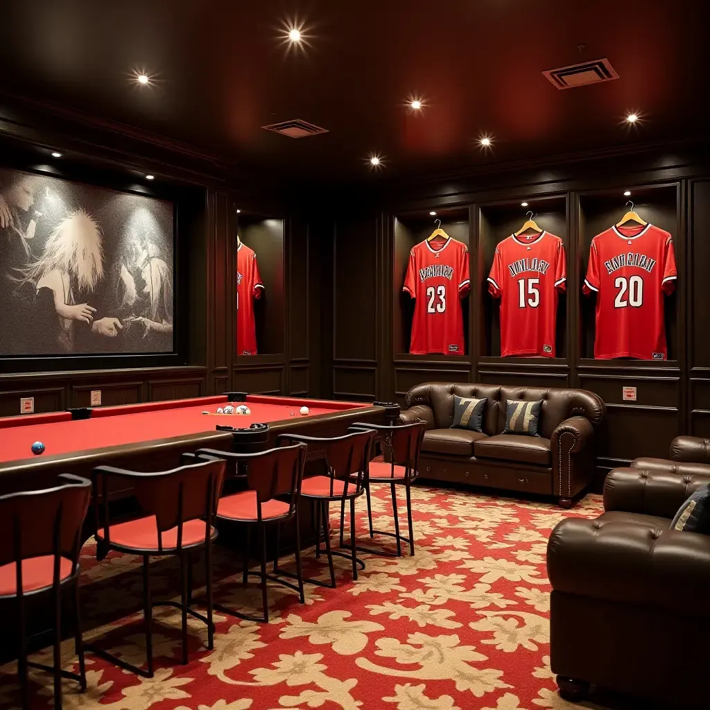 a photo of a basement sports viewing area with jerseys and team colors