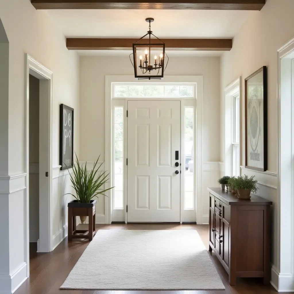 a photo of a charming foyer with a farmhouse-style chandelier and wooden accents