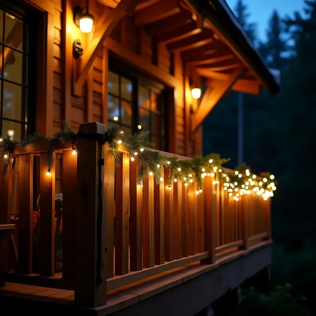 a photo of a balcony adorned with wooden accents and fairy lights