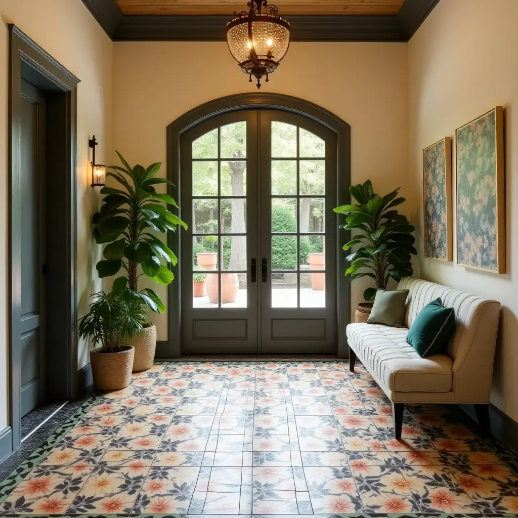 a photo of a welcoming foyer decorated with colorful tile patterns and greenery