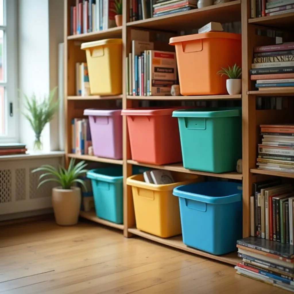 a photo of a library featuring colorful storage bins for easy organization