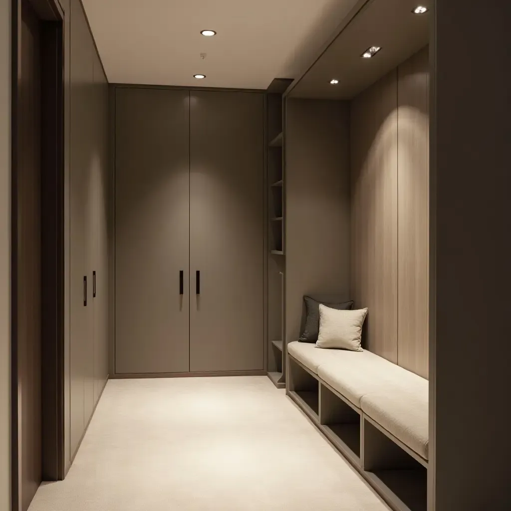 a photo of a sleek corridor with a built-in storage bench and cushions