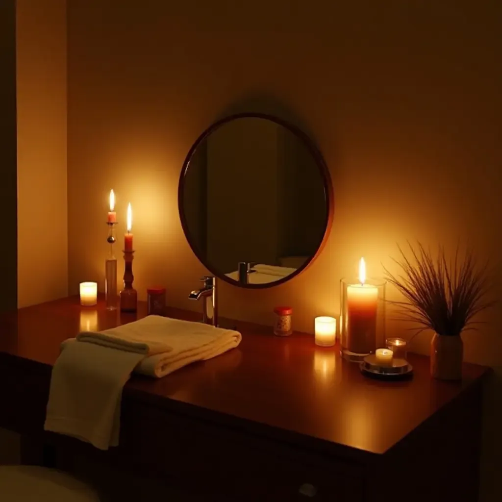 a photo of a warm, inviting vanity area with soft lighting and candles