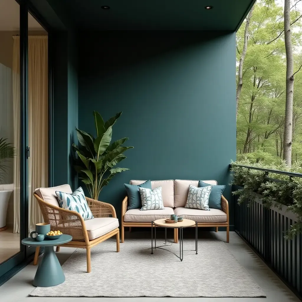 a photo of a stylish balcony with deep teal and soft beige furnishings