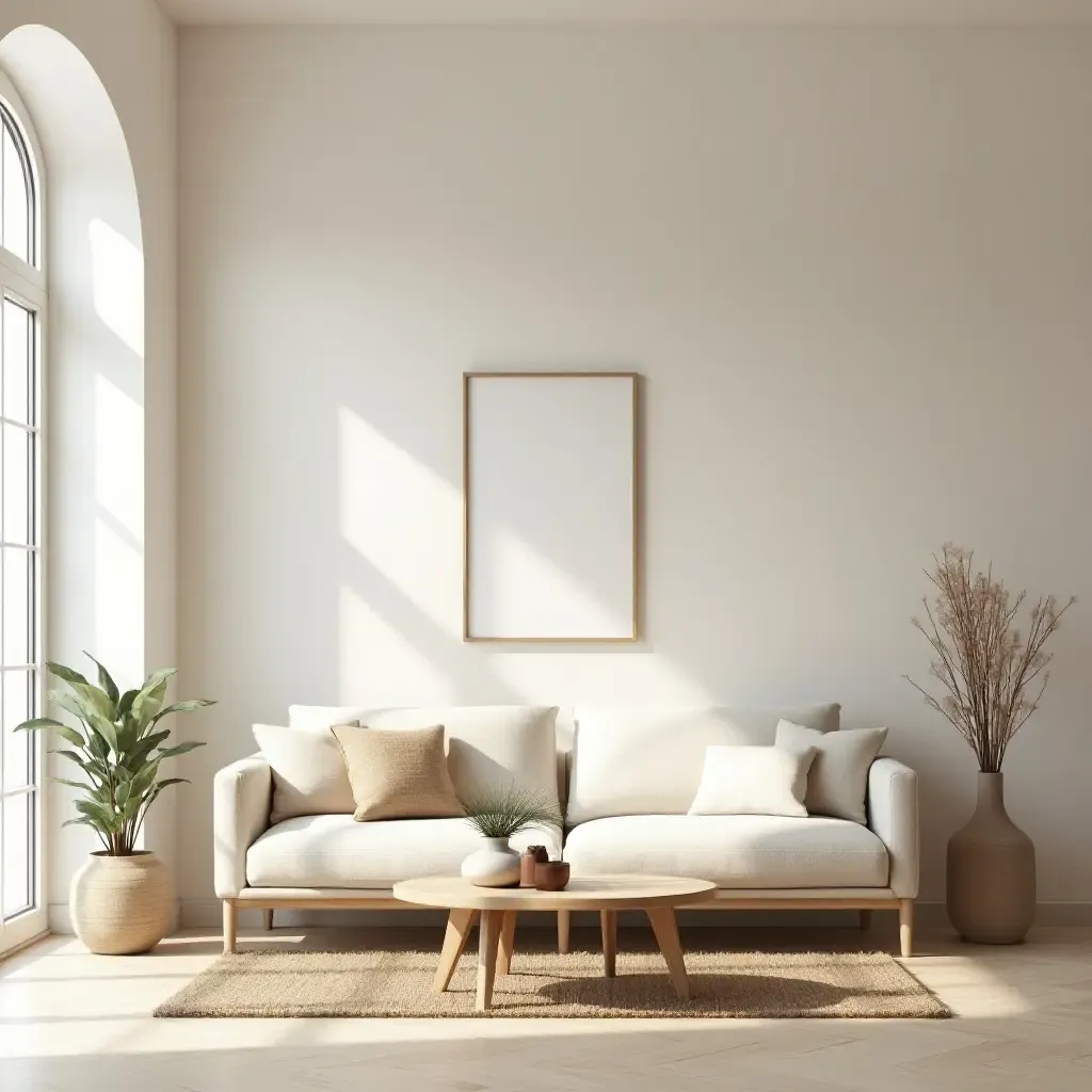 a photo of a living room with a soft color palette and natural materials