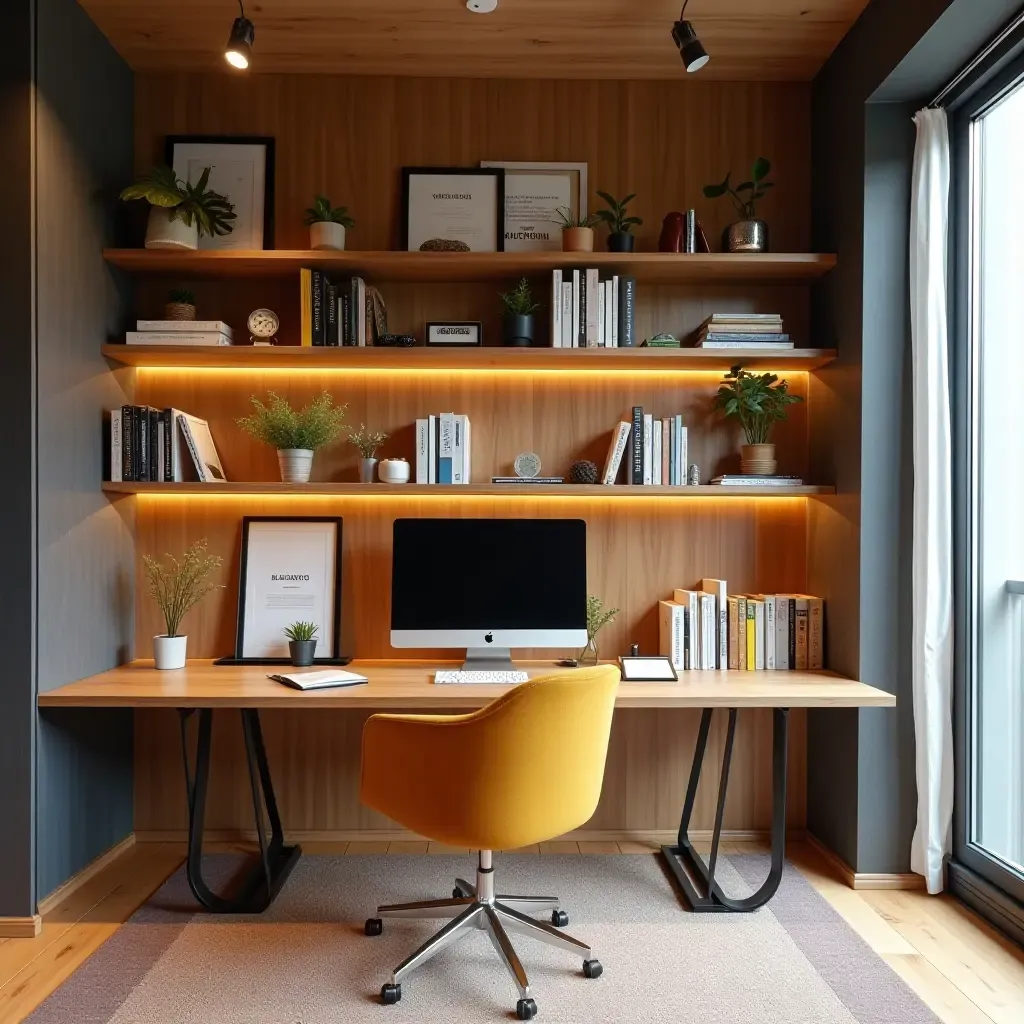 a photo of a vibrant home office with open shelves displaying awards and books