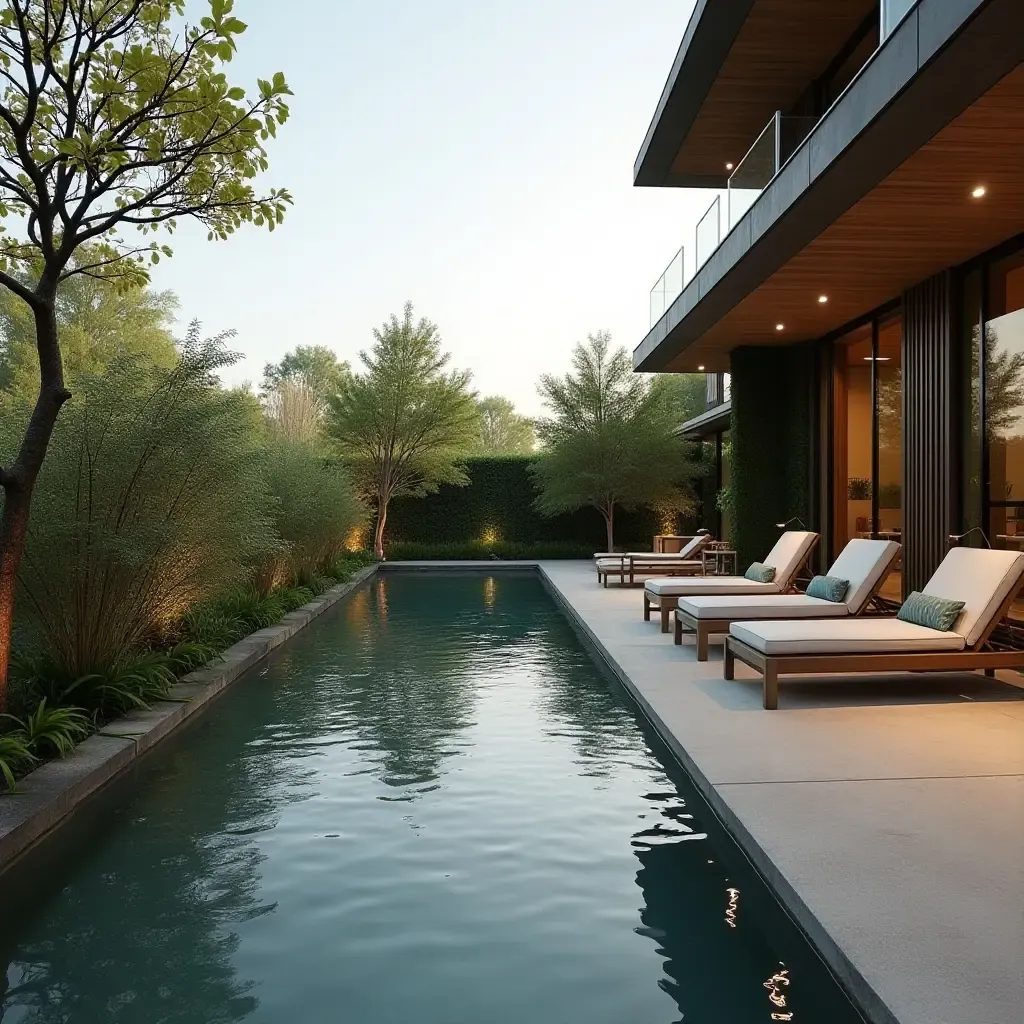 a photo of a balcony with a soothing water feature and lounge chairs