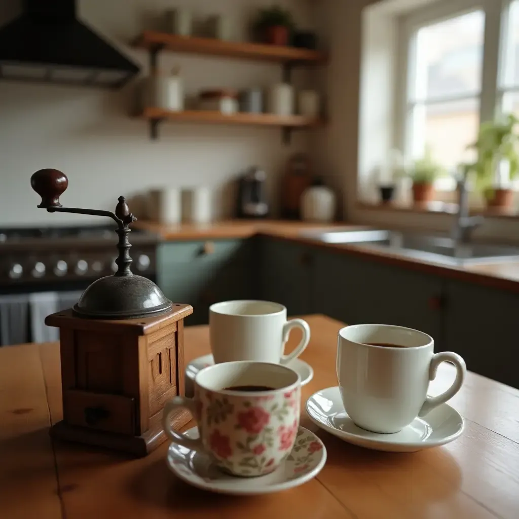 a photo of a charming kitchen with a vintage coffee grinder and mugs