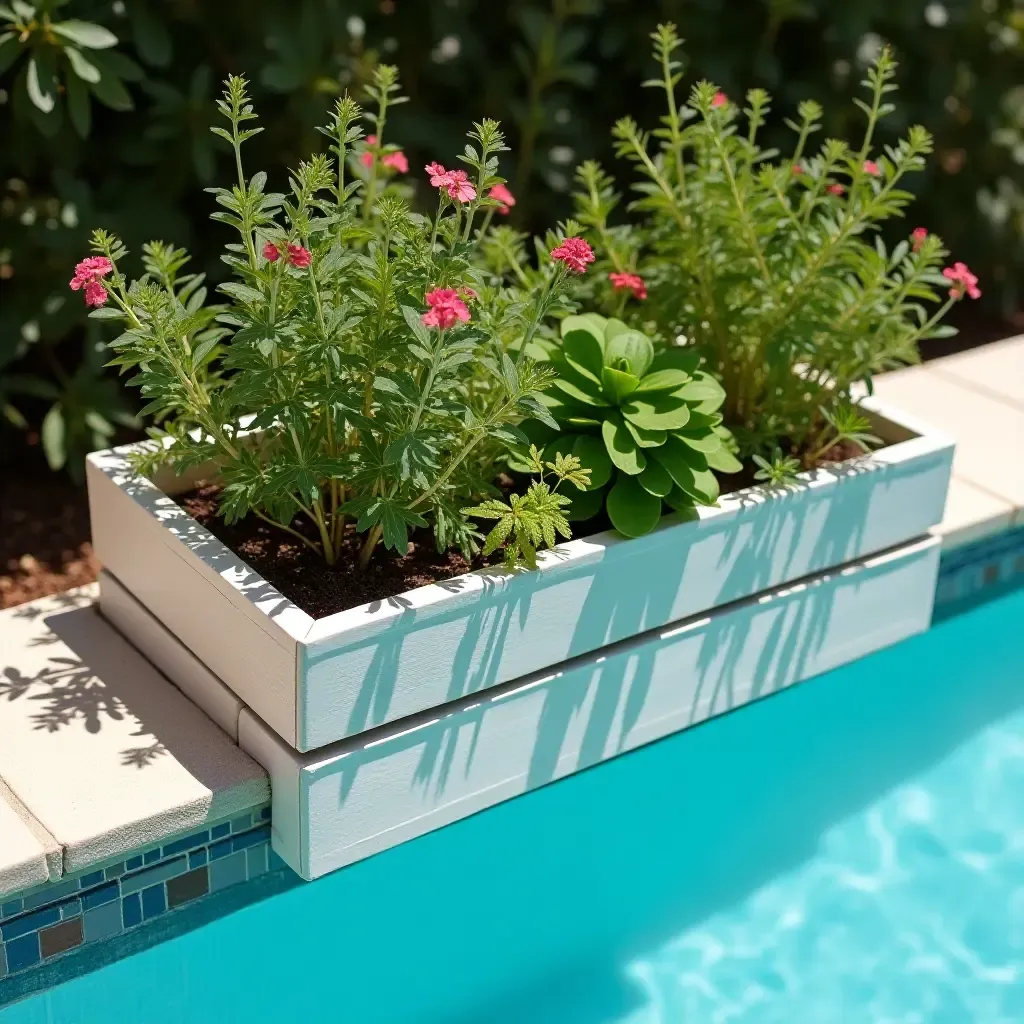 a photo of a functional poolside shelf with a small herb garden