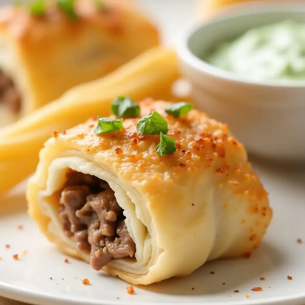 a photo of phyllo dough rolls stuffed with spiced lamb and mint yogurt dip.