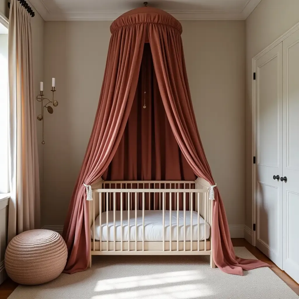 a photo of a luxurious nursery featuring a velvet canopy draped over a crib