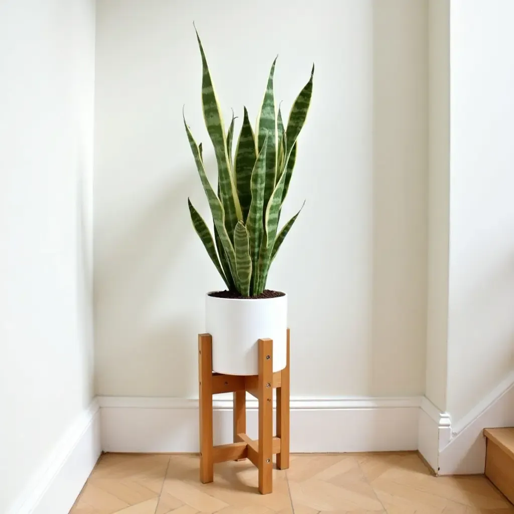 a photo of a unique DIY plant stand for the entrance hall