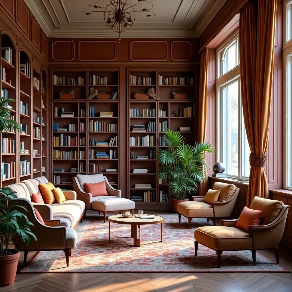 a photo of a colorful library with decorative mirrors