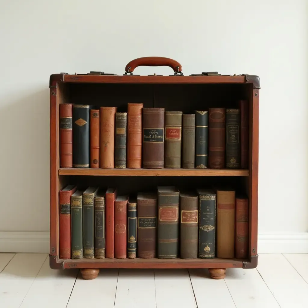 a photo of a vintage suitcase turned into a bookshelf