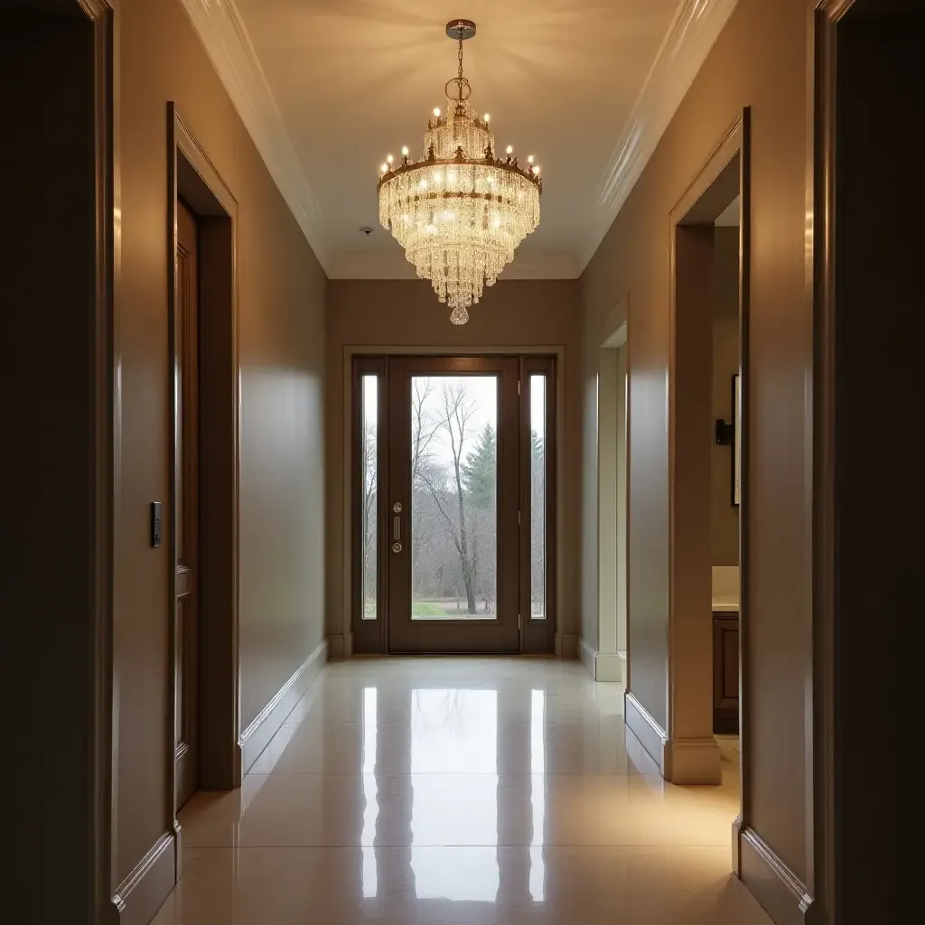 a photo of an elegant chandelier illuminating a modern entrance hall