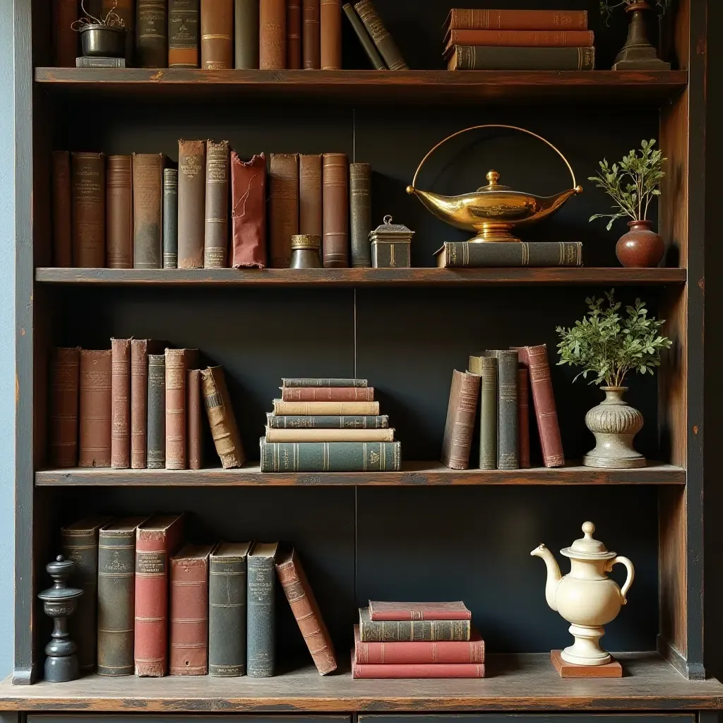 a photo of a vintage bookshelf filled with antique books and retro knick-knacks