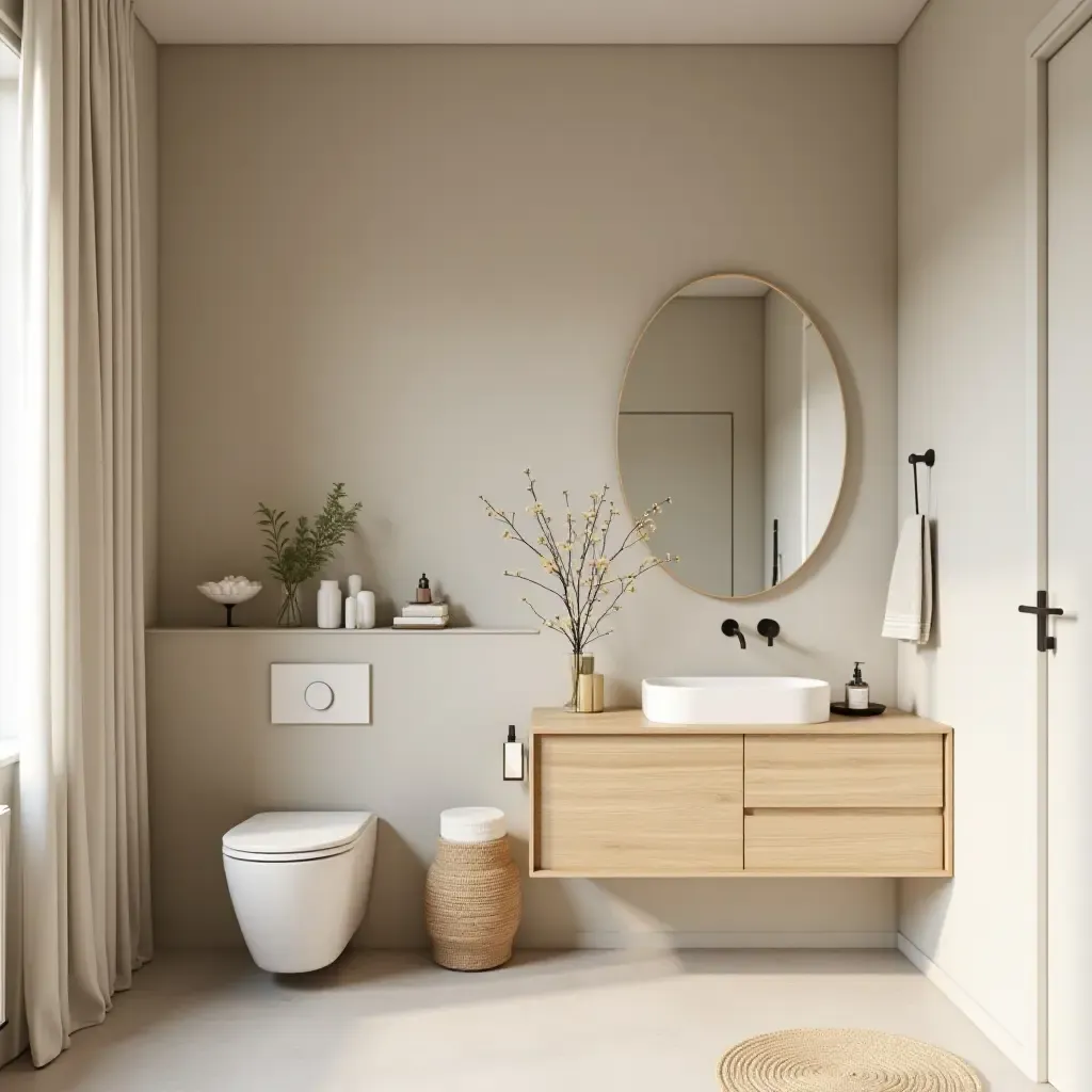 a photo of a serene bathroom with wooden accents and soft colors