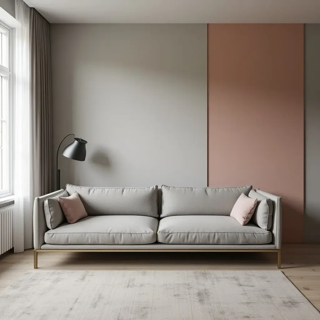 a photo of a grey sofa in a minimalist living room with a bold accent wall