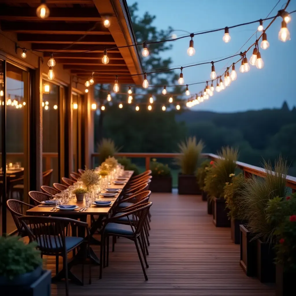 a photo of a balcony with pendant lights enhancing evening gatherings