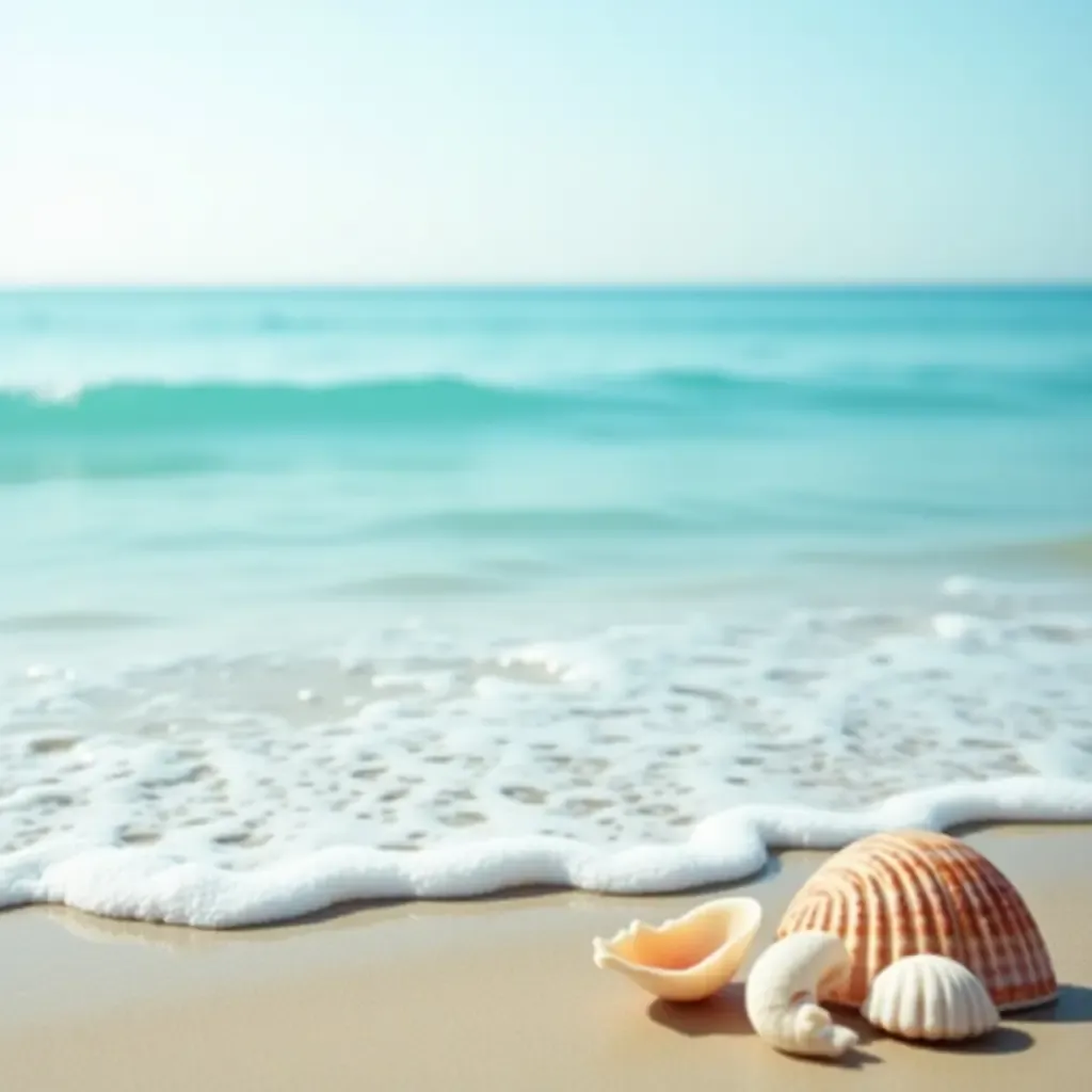 a photo of a soothing ocean scene with gentle waves and seashells