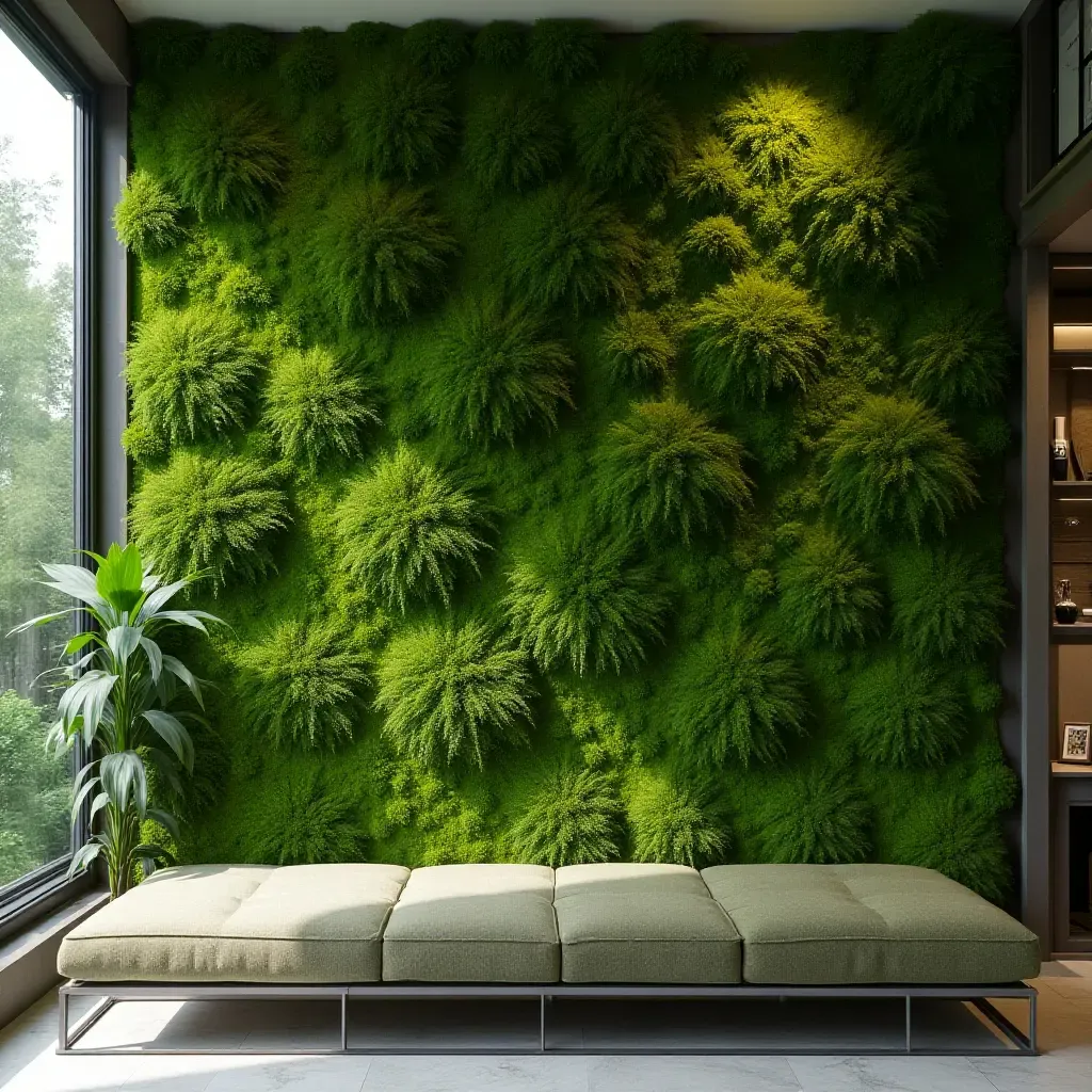 a photo of a lush moss garden wall creating a calming atmosphere