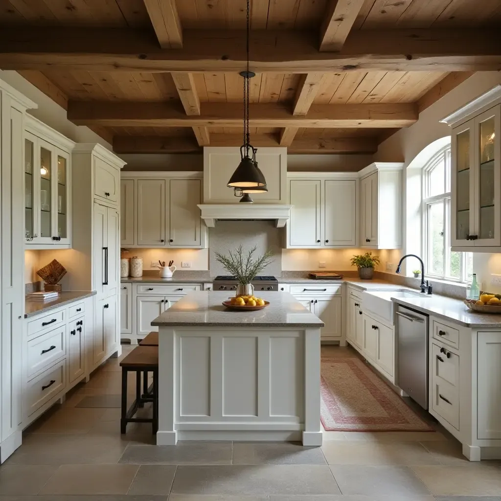 a photo of a traditional kitchen with wood beams, stone floors, and metal hardware