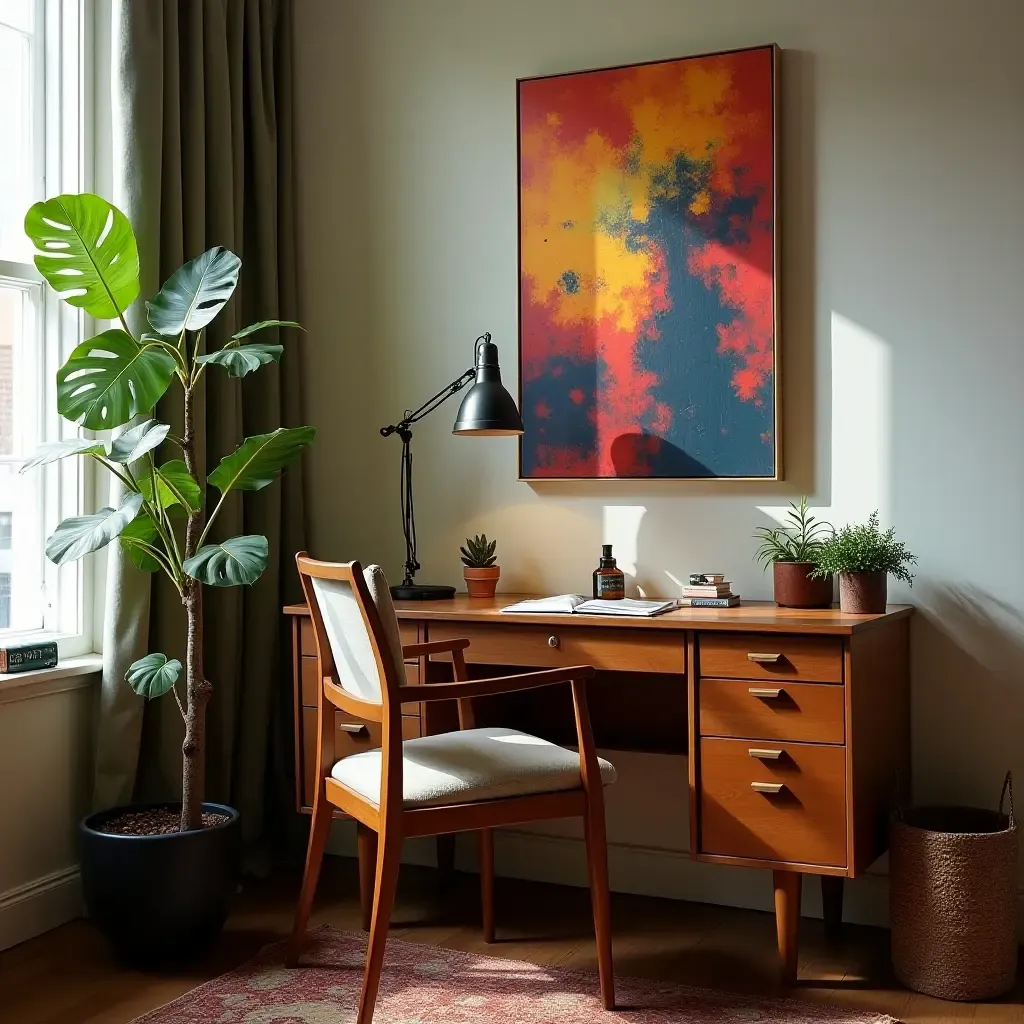 a photo of an eclectic workspace corner with a vintage desk and colorful art