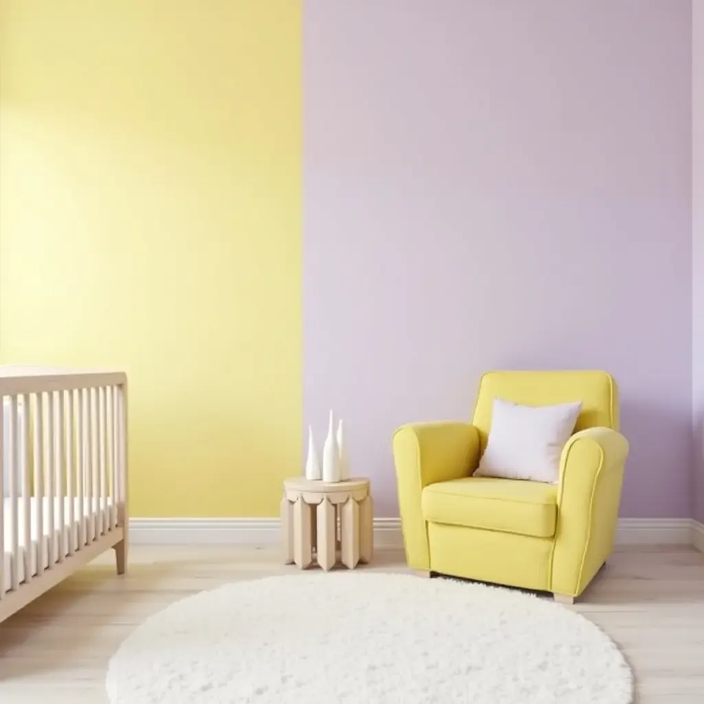 a photo of a nursery featuring light yellow and gentle lavender