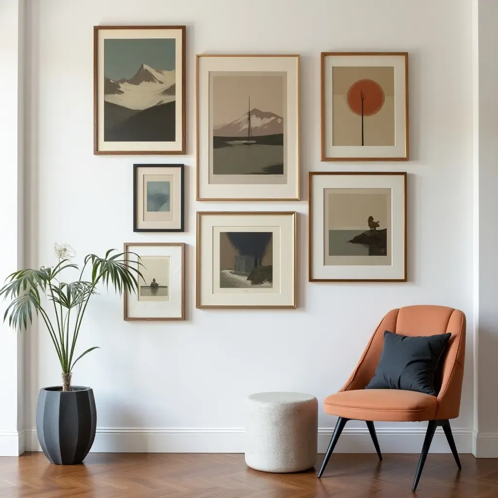 a photo of a gallery wall showcasing a mix of vintage and modern art pieces