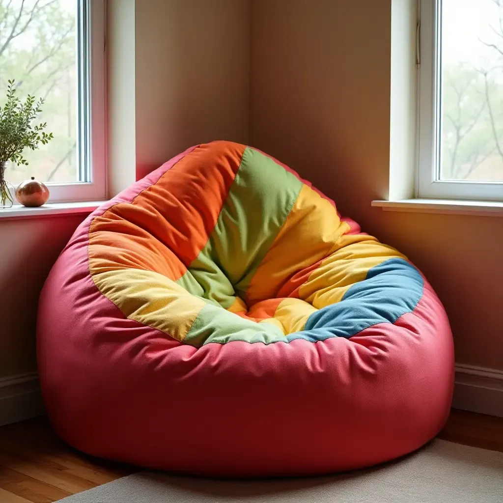 a photo of a vibrant oversized bean bag chair in a cozy corner