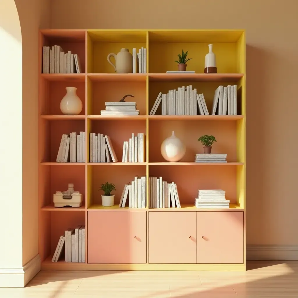 a photo of a stylish bookshelf painted in a bright hue