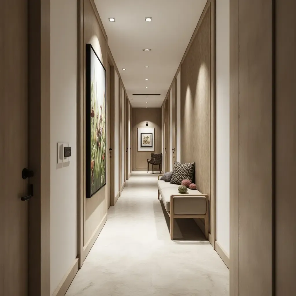 a photo of a narrow corridor enhanced with artwork and decor