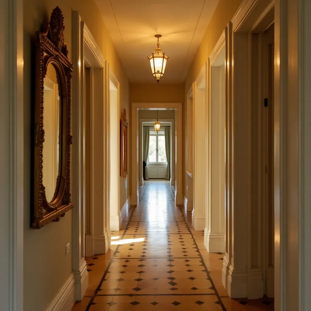 a photo of a charming corridor with decorative mirrors and warm lighting